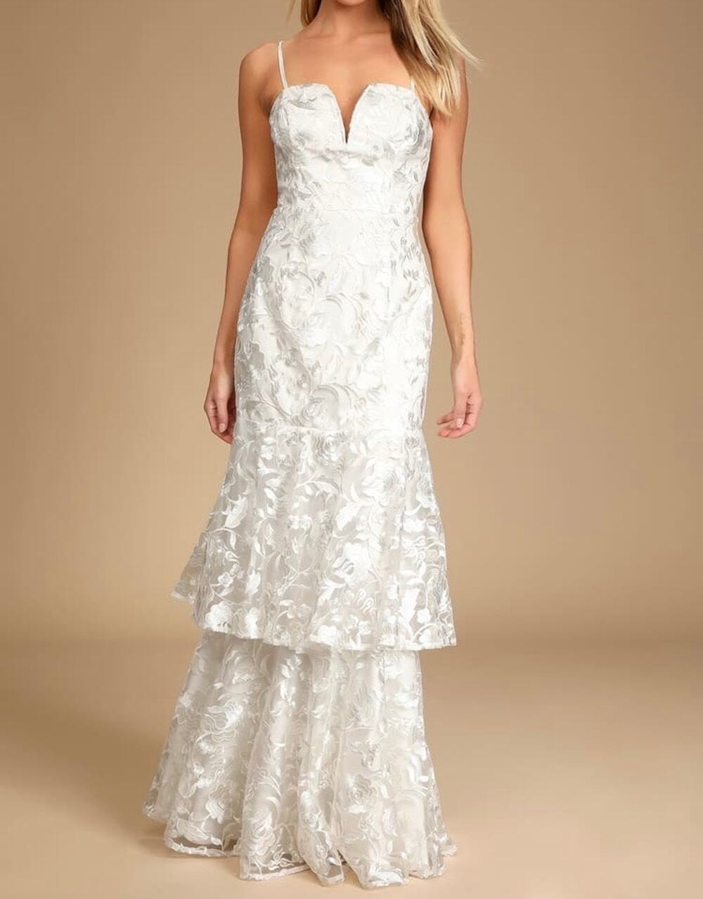 LULUS Elegant Ways Floral Embroidered Tiered Maxi Dress White Medium M